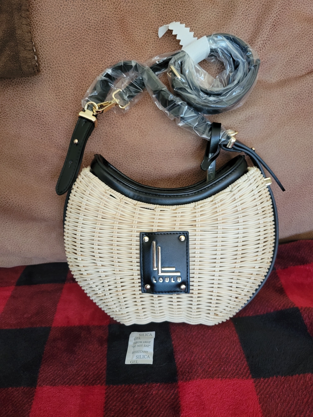 LOULU Crescent Woven Crossbody Bag in Natural and Black NWT